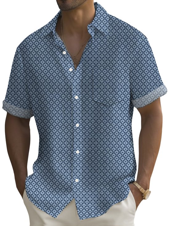 Royaura® Retro Geometric Plaid 3D Digital Print Men's Button Pocket Short Sleeve Shirt Big & Tall
