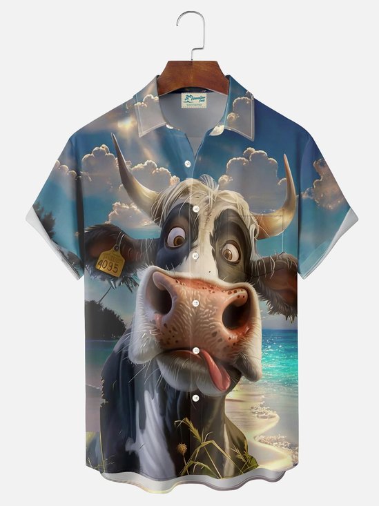 Royaura® Hawaii Cow Beach 3D Digital Print Men's Button Pocket Short Sleeve Shirt Big & Tall
