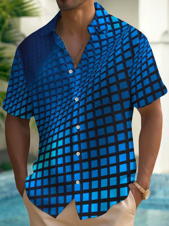 Royaura® Retro Geometric Gradient 3D Digital Print Men's Button Pocket Short Sleeve Shirt Big & Tall