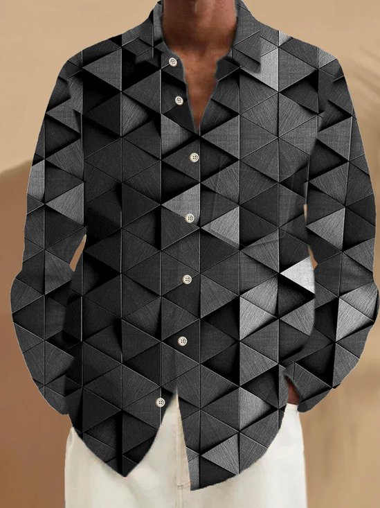 Royaura® Retro Geometric Color Block 3D Digital Print Men's Button Pocket Long Sleeve Shirt Big & Tall