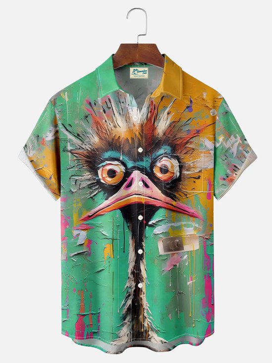 Royaura® Retro Abstract Art Ostrich Turkey Oil Painting 3D Print Men's Button Pocket Short Sleeve Shirt Big & Tall