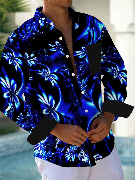 Royaura® Retro Blue Gradient Floral 3D Digital Print Men's Button Pocket Long Sleeve Shirt Big & Tall