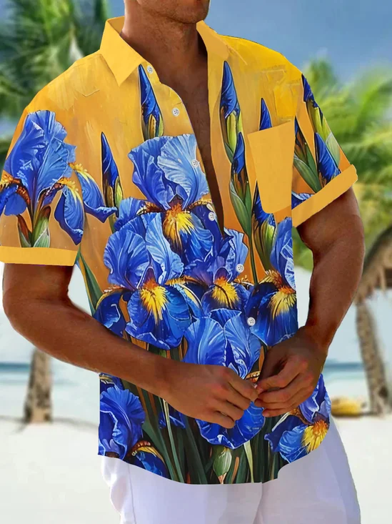 Royaura® Beach Vacation Men's Hawaiian Shirt Botanical Flower Print Pocket Camping Shirt Big Tall