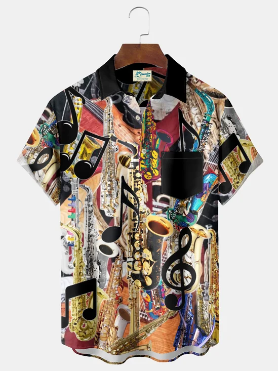 Royaura® Vintage Music Note Print Chest Pocket Shirt Plus Size Men's Shirt Big Tall