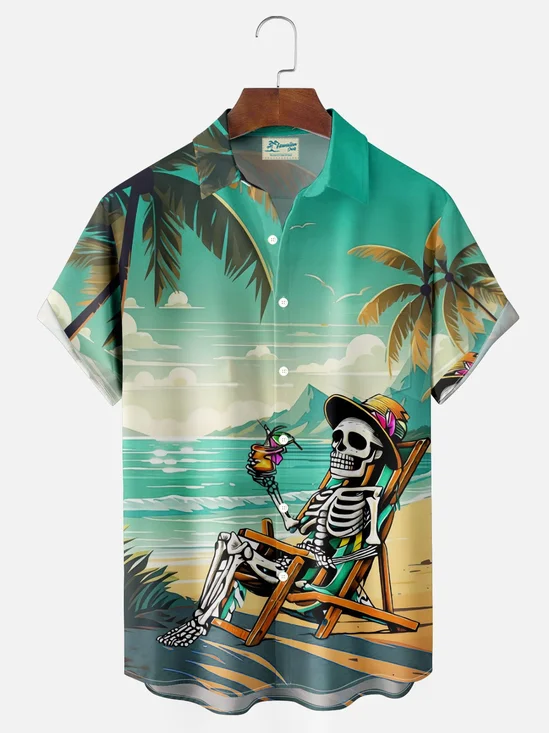 Royaura® Hawaiian Coconut Tree Skull Halloween 3D Digital Print Men's Button Pocket Short Sleeve ShirtBig & Tall