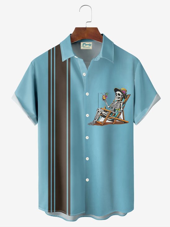 Royaura® Retro Bowling Skull 3D Digital Print Men's Button Pocket Short Sleeve Shirt Big & Tall