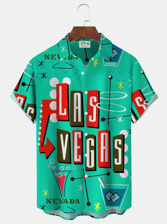 Royaura® Retro Geometric Las Vegas Cocktail 3D Digital Print Men's Button Pocket Short Sleeve Shirt Big & Tall