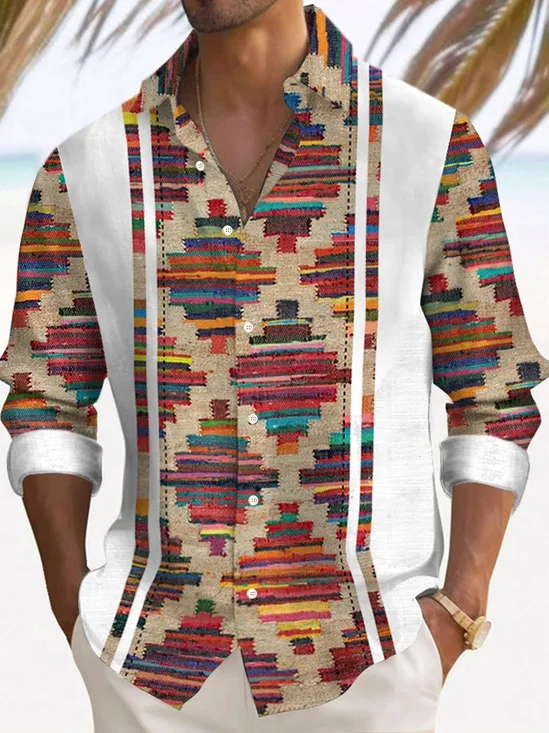 Royaura® Retro Geometric Color Block 3D Digital Print Men's Button Pocket Long Sleeve Shirt Big & Tall