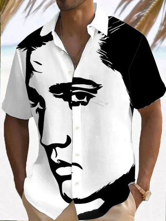 Royaura® Retro Music Portrait 3D Digital Print Men's Button Pocket Short Sleeve Shirt Big & Tall