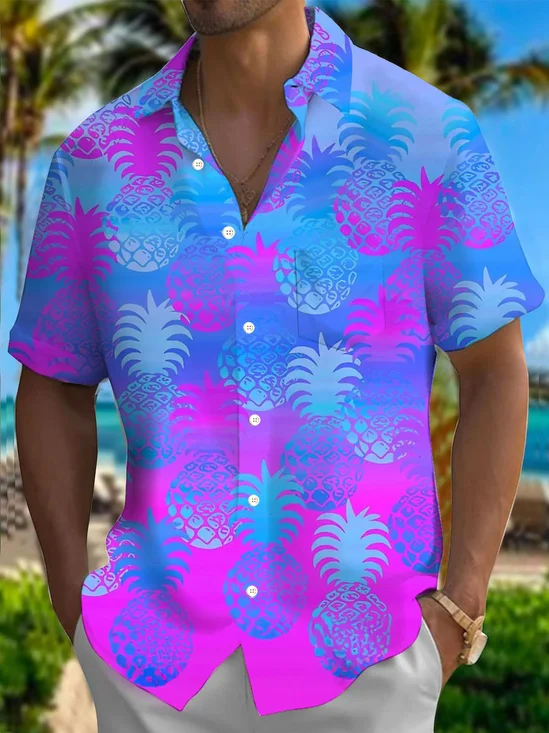 Royaura® Retro Gradient Pineapple Fruit and Vegetable 3D Digital Print Men's Button Pocket Short Sleeve Shirt Big & Tall