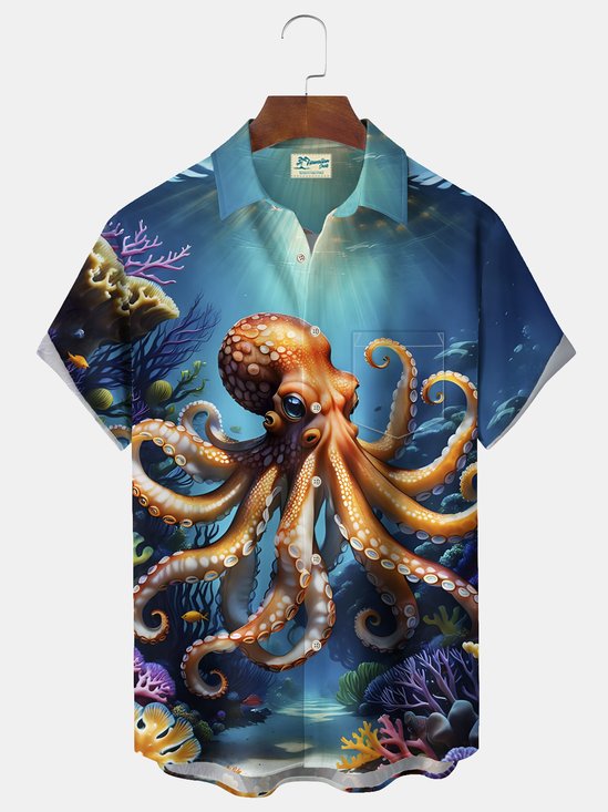 Royaura® Beach Vacation Men's Hawaiian Shirt Octopus Print Pocket Camping Shirt Big Tall