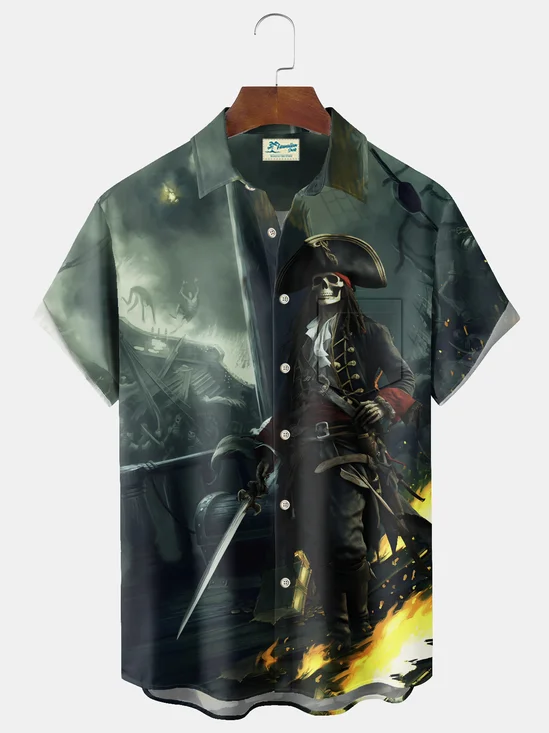 Royaura® Beach Vacation Men's Hawaiian Shirt Pirate Print Pocket Camping Shirt Big Tall