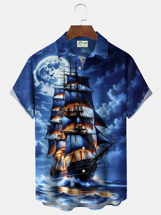Royaura® Beach Vacation Men's Hawaiian Shirt Pirate Ship Print Pocket Camping Shirt Big Tall