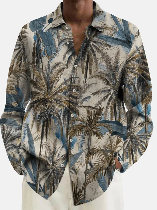 Royaura® Beach Vacation Men's Coconut Tree Print Chest Pocket Long Sleeve Shirt Big Tall