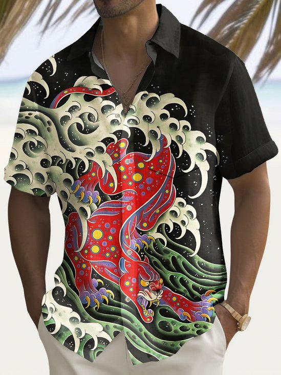 Royaura® Beach Vacation Men's Hawaiian Shirt Tiger Print Pocket Camping Shirt