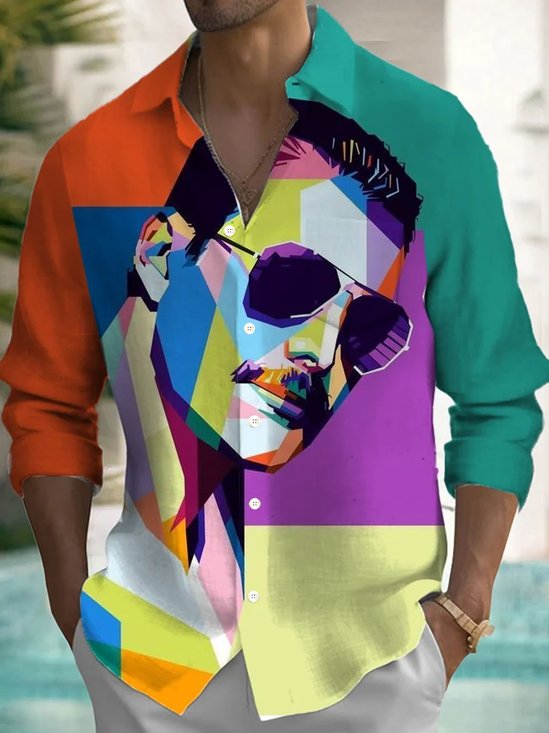 Royaura® Retro Music Color Block Art 3D Print Men's Button Pocket Long Sleeve Shirt Big & Tall