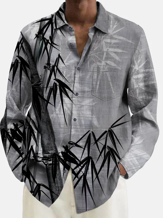 Royaura® Beach Vacation Men's Bamboo Print Chest Pocket Long Sleeve Shirt Big Tall