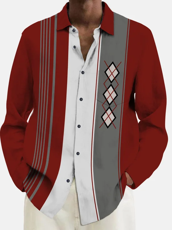 Royaura® Vintage Bowling Men's Geometric Print Chest Pocket Long Sleeve Shirt Big Tall
