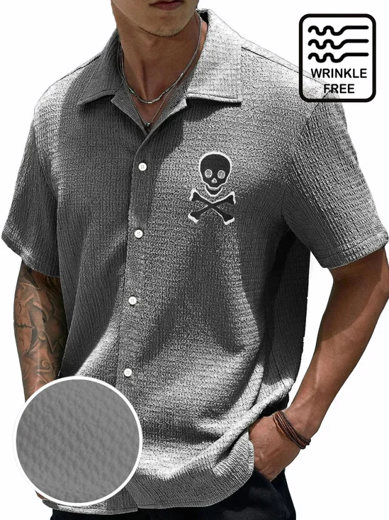 Royaura® Retro Skull Seersucker 3D Digital Print Men's Button Pocket Short Sleeve Shirt Big & Tall