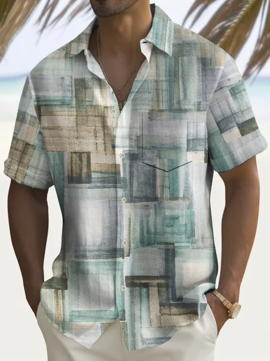 Royaura® Vintage Abstract Geometric Print Chest Pocket Shirt Plus Size Men's Shirt Big Tall