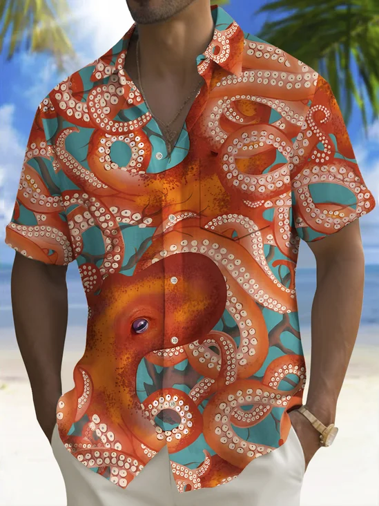 Royaura® Beach Vacation Men's Hawaiian Shirt Octopus Print Pocket Camping Shirt Big Tall