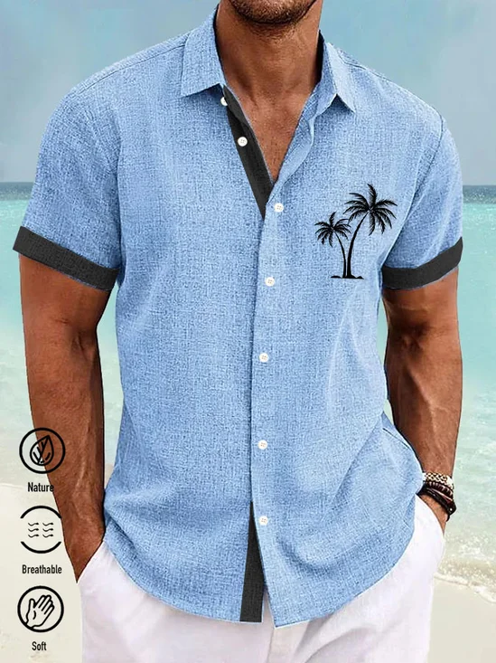 Royaura® Retro Bamboo Hemp Coconut Tree Contrast Color 3D Digital Print Men's Button Pocket Short Sleeve Shirt Big & Tall