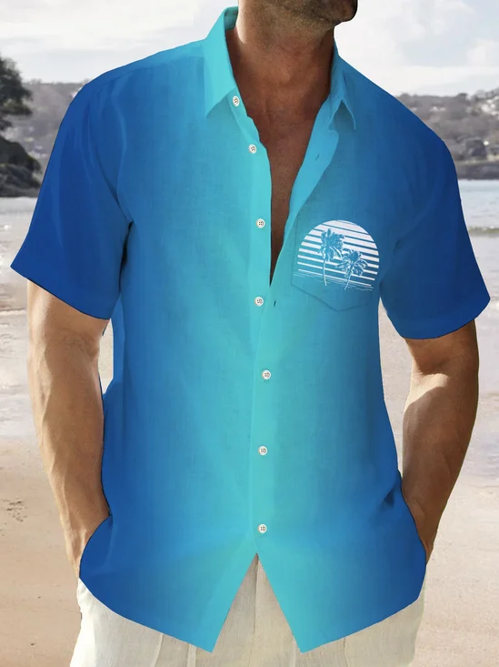 Royaura® Vintage Gradient Coconut Tree Print Chest Pocket Shirt Plus Size Men's Shirt Big Tall