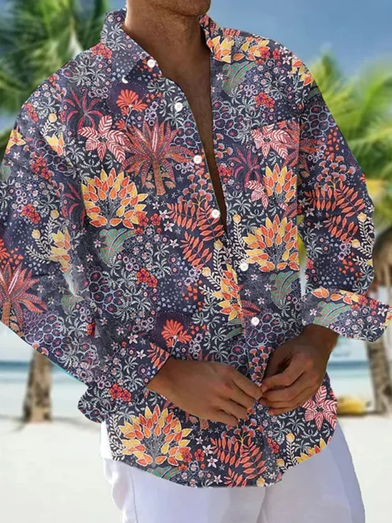 Royaura® Hawaiian Flower 3D Digital Print Men's Button Pocket Long Sleeve Shirt Big & Tall
