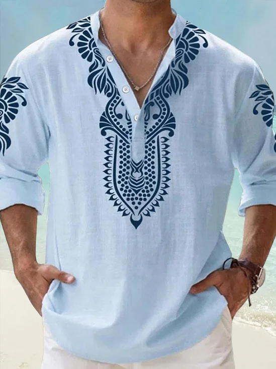 Royaura® Retro Western Geometric Ethnic Flower 3D Digital Print Men's Button Pocket Long Sleeve Shirt Big & Tall