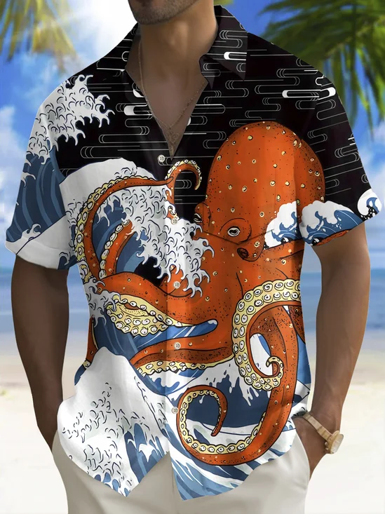 Royaura® Beach Vacation Men's Hawaiian Shirt Nautical Octopus Print Pocket Camping Shirt Big Tall