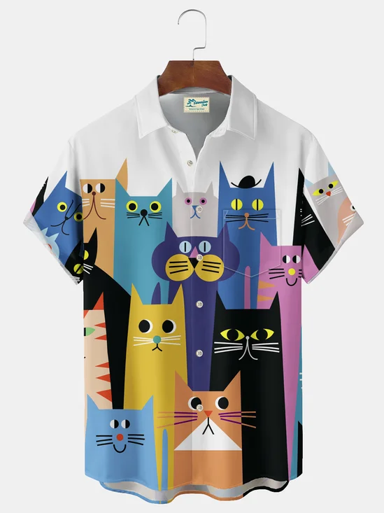 Royaura® Vintage Cartoon Cat Print Chest Pocket Shirt Plus Size Men's Shirt Big Tall