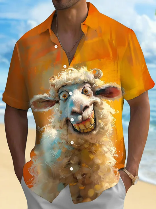 Royaura® Hawaiian Alpaca Animal Funny Print Men's Button Pocket Short Sleeve Shirt & Tall