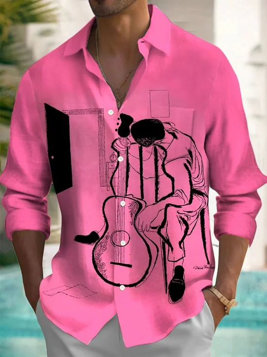 Royaura® Retro Music Art 3D Digital Print Men's Button Pocket Long Sleeve Shirt Big & Tall