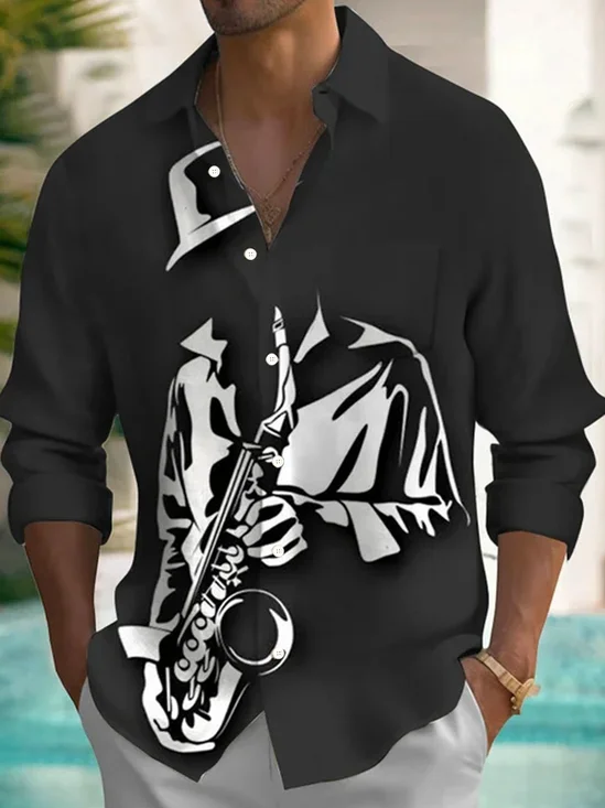 Royaura® Retro Music Jazz 3D Digital Print Men's Button Pocket Long Sleeve Shirt Big & Tall