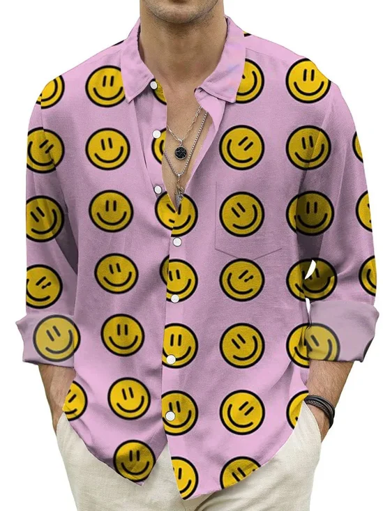 Royaura® Vintage Men's Smiley Face Print Chest Pocket Long Sleeve Shirt Big Tall