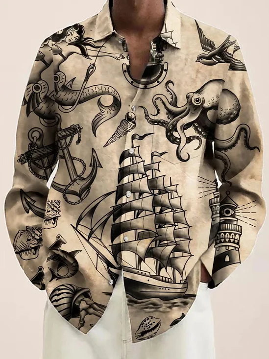 Royaura® Men's Vintage Hawaiian Shirt Nautical Mermaid Boat Print Chest Pocket Long Sleeve Shirt Big Tall