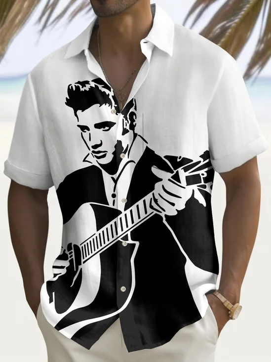 Royaura® Vintage Men's Music Cartoon Print Chest Pocket Shirt Big Tall