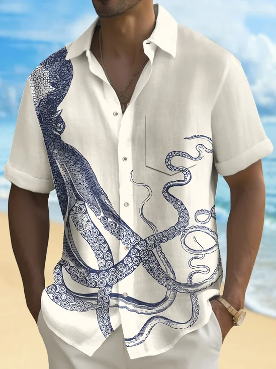Royaura® Beach Vacation Men's Hawaiian Shirt Nautical Octopus Print Pocket Camping Shirt Big Tall