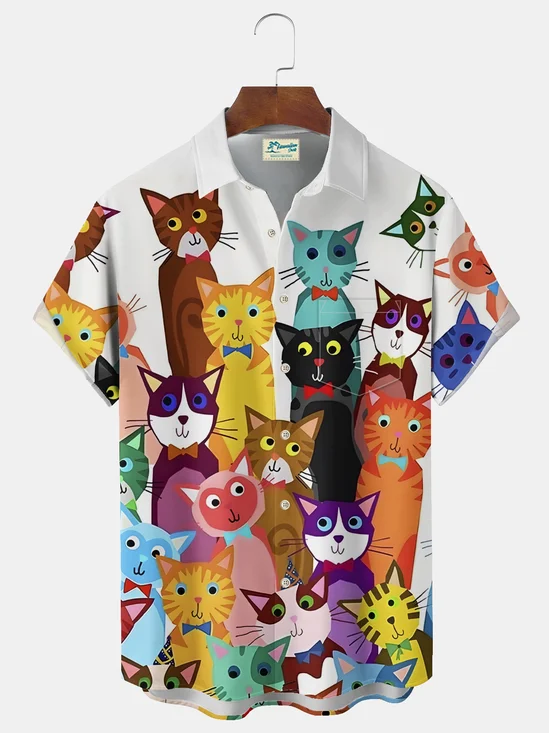 Royaura® Vintage Cat Print Chest Pocket Shirt Plus Size Men's Shirt Big Tall
