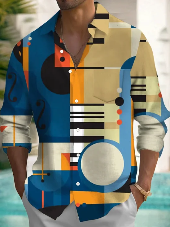 Royaura® Retro Musical Geometric 3D Digital Print Men's Button Pocket Long Sleeve Shirt Big & Tall
