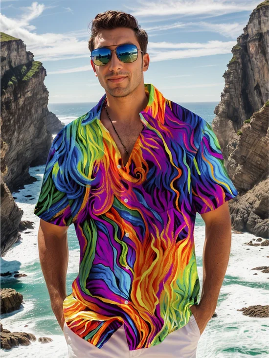 Royaura® Holiday Men's Pride Month Abstract Art Print Casual Breathable Short Sleeve Shirt Big Tall