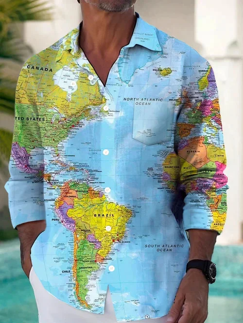 Royaura® Retro Map Nautical 3D Digital Print Men's Button Pocket Long Sleeve Shirt Big & Tall