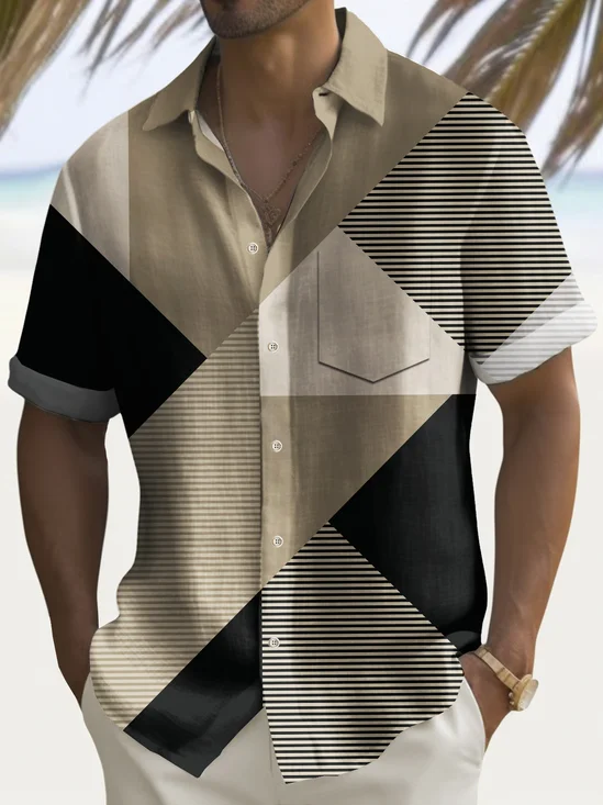 Royaura® Vintage Geometric Print Men's Chest Pocket Stretch Shirt Big Tall
