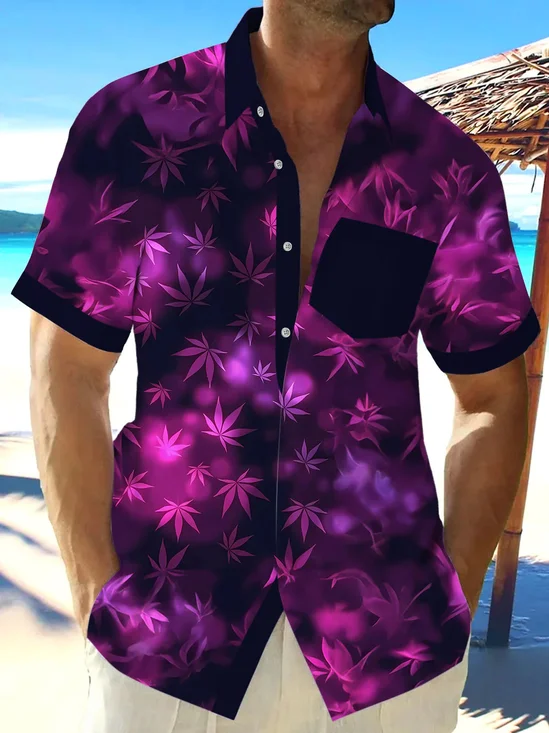 Royaura® Hawaii Plant Leaves 3D Digital Print Men's Button Pocket Short Sleeve Shirt Big & Tall