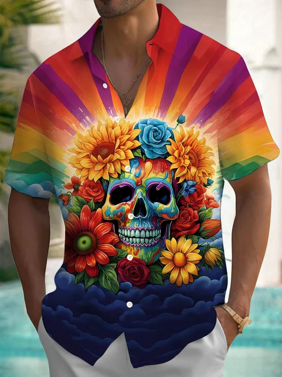 Royaura® Halloween Skull Flower 3D Print Men's Button Pocket Short Sleeve Shirt Big & Tall
