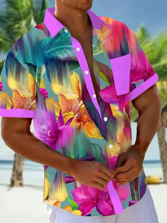 Royaura® Hawaii Floral Spliced ​​Gradient 3D Digital Print Men's Button Pocket Short Sleeve Shirt Big & Tall