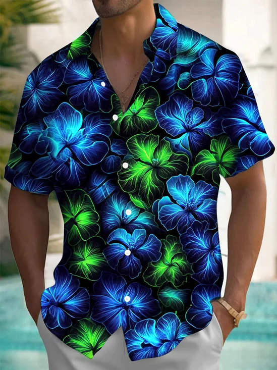 Royaura® Retro Gradient Floral 3D Digital Print Men's Button Pocket Short Sleeve Hawaiian Shirt Big & Tall