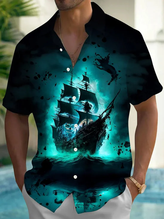 Royaura® Retro Nautical Pirate Ship 3D Digital Print Men's Button Pocket Short Sleeve Shirt Big & Tall