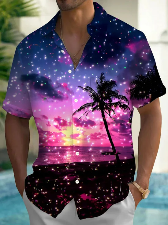 Royaura® Hawaii Gradient Coconut Tree Gradient 3D Digital Print Men's Button Pocket Short Sleeve Shirt Big & Tall