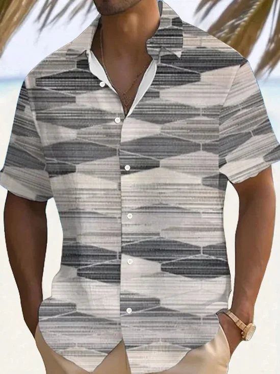 Royaura® Retro Geometric 3D Digital Print Men's Button Pocket Short Sleeve Shirt Big & Tall
